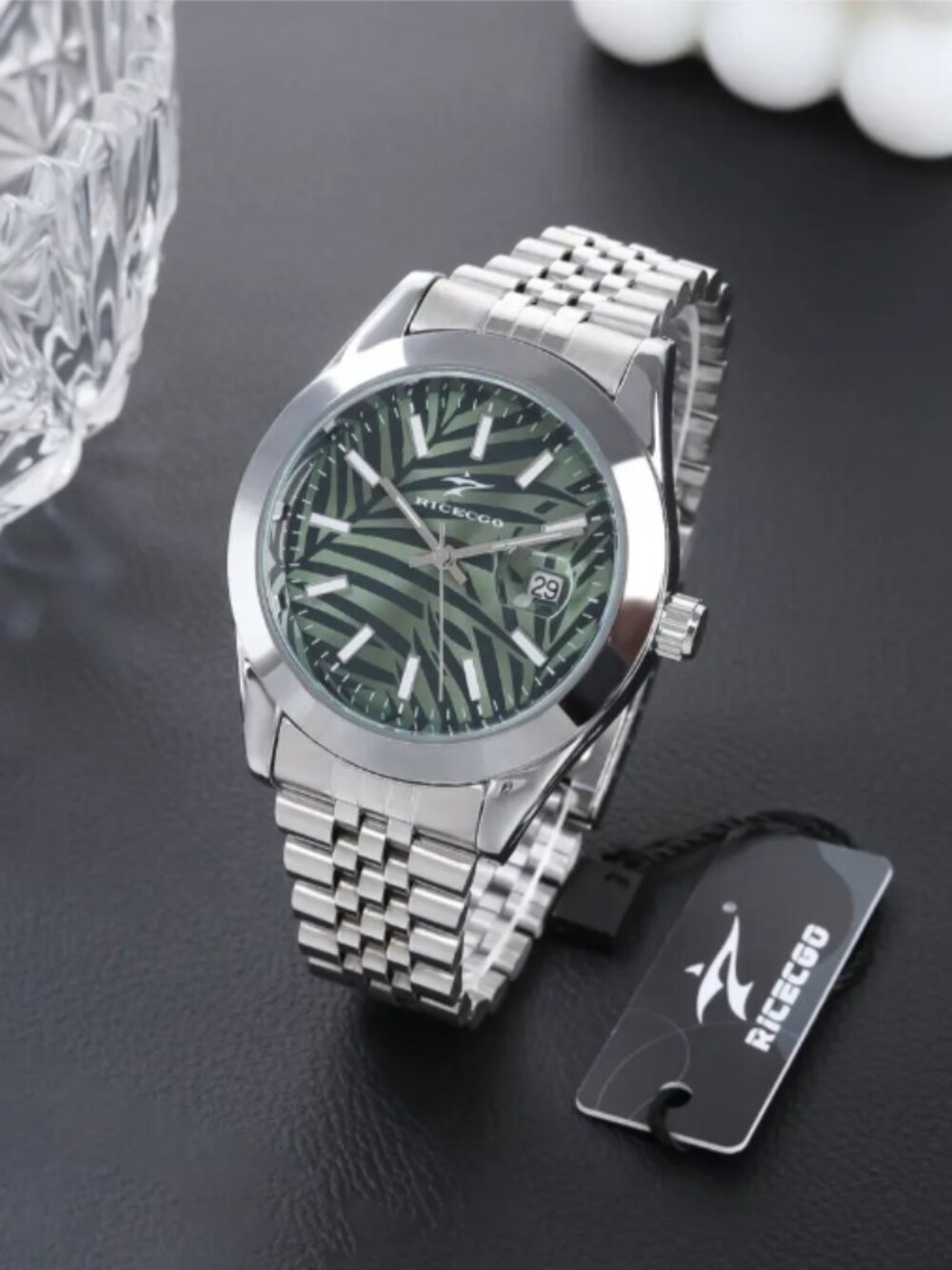 Men's Business Quartz Watch, Stainless Steel Strap, Unique Leaf Dial Texture